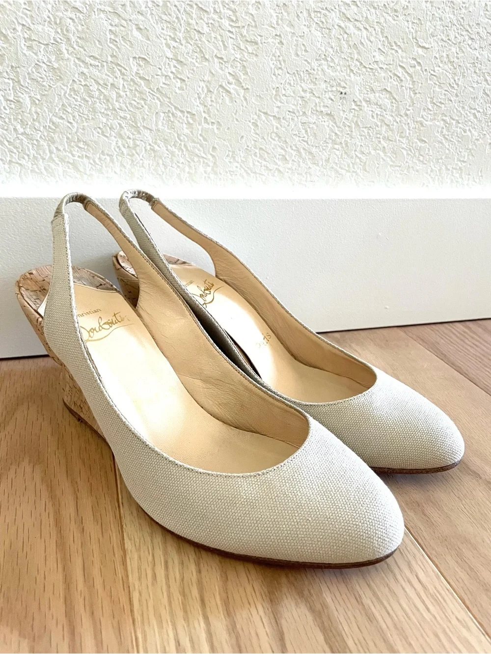 Christian Louboutin Bebe-Fusee Sculptural Canvas Cork Wedge Slingbacks 37